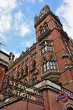 The entrance to St Pancras station with an Underground roundel