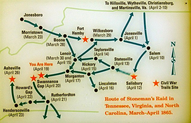 This map gives an overview of how Stoneman's Raid unfolded across western North Carolina. The raid continued into South Carolina and Georgia in pursuit of Confederate president Jefferson Davis.