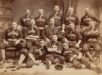 The Syracuse Stars of 1889. Manager Jack Chapman is at the center, while Moses "Fleet" Walker is at the upper-right. Syracuse Stars 1889.JPG