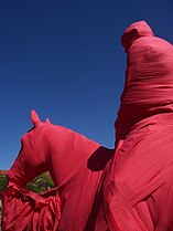 Will Rogers and Soapsuds statue wrapped in red crepe paper for gameday