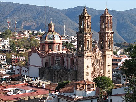 The Santa Prisca Church in Taxco, Mexico, is an example of New Spanish Churrigueresque