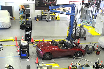 Roadster being tested through a driving cycle at Argonne National Laboratory's two-wheel dynamometer. These tests helped researchers develop test procedures to evaluate fuel efficiency in electric vehicles in 2010 Testing the Tesla at Argonne National Laboratory (3).jpg