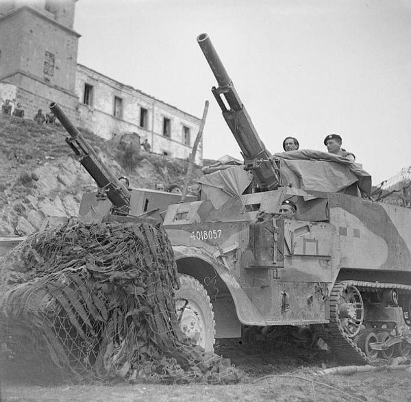 Two M3 half-tracks mounting 75mm guns of the King's Dragoon Guards, 7 May 1944.