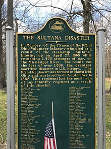 Memorial plaque for those who perished on the Sultana on April 27, 1865. Located in South Park, Mansfield, Ohio. The Sultana Disaster.jpg