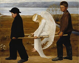 L'Ange blessé, toile du peintre symboliste finlandais Hugo Simberg (1903, musée d'Art Ateneum). (définition réelle 8 537 × 6 870)