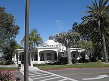 Mieras Hall, now the administration building on the Point Loma Nazarene University campus; originally the home of Albert Spalding. Theosophy style building on Nazarene University Campus.jpg