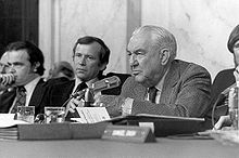 Congress oversees other government branches, for example, the Senate Watergate Committee, investigating President Nixon and Watergate, in 1973-74. ThompsonWatergate.jpg