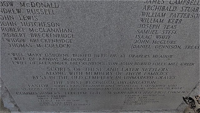 Tinkling Spring monument, bottom, naming his wife Mary Osborne, and indicating that Patton is buried at Draper's Meadow.