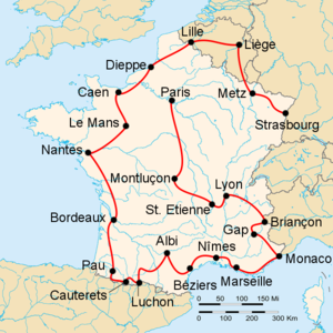 Route of the 1953 Tour de France Followed counterclockwise, starting in Strasbourg and finishing in Paris