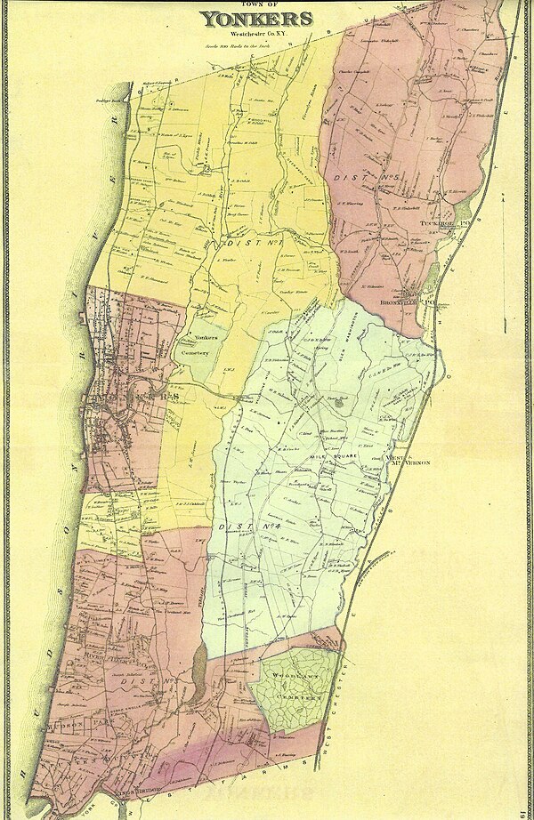 Yonkers in 1867, including the small Village of Yonkers; southern Yonkers was annexed by New York City in 1874.