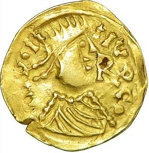 A gold coin minted by Judicael in the 630s. Triens de Judicael frappe a Redonis.jpg