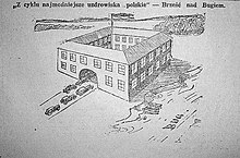 Satirical drawing from Haslo Lodzkie newspaper, 5 October 1930. The text: "From the series: 'Most popular Polish spa towns' - Brest-on-the-Bug." The picture is a reference to the Brest trial and the "Brest elections", when many Polish politicians of the Centrolew party were imprisoned in the Brest Fortress (pictured). Twierdza brzeska - satyra.jpg