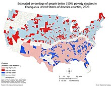 Clusters of the estimated percent of people in poverty by county in the contiguous United States in 2020 calculated using Anselin Local Moran's I. USA Contiguous Poverty 2020 clusters.jpg