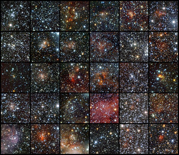 Mosaic of 30 open clusters discovered from VISTA's data. The open clusters were hidden by the dust in the Milky Way. Credit ESO.