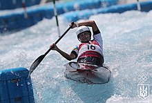 Viktoriia Us in the women's slalom C-1 heats on 28 July Viktoriia Us at Tokyo 2020.jpg