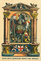 Burgkmair's 1522 colored woodcut of the Coat of arms of the Swabian League, with a flag of St. George. Two putti support a red cross in a white field; the motto: What God has joined let man not separate.