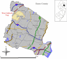 Map of West Caldwell Township in Essex County. Inset: Location of Essex County highlighted in the State of New Jersey.