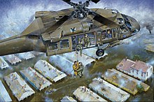 Painting showing an Arkansas ARNG helicopter rescuing people in the flooded Lower Ninth Ward of New Orleans in 2005 When the Levees Broke, by David Russell.jpg