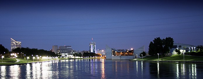 Downtown Wichita, Kansas, skyline at night from The Keeper of the Plains at the Arkansas River