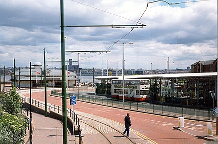 Wirral Tramway, Woodside Ferry Terminal and Woodside Bus Terminal with Liverpool waterfront in the background