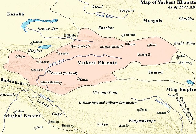 Yarkent Khanate in 1572 during rule of grandson of Sultan Said Khan Abdul Karim Khan(1560–1591)