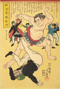caricature ukiyo-e présentant un lutteur de sumo renversant un marin occidental, d'autres hommes sont visibles dans le fond de l'image.