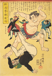 Foreigner and sumo wrestler,1861 Yokohama-Sumo-Wrestler-Defeating-a-Foreigner-1961-Ipposai-Yoshifuji.png