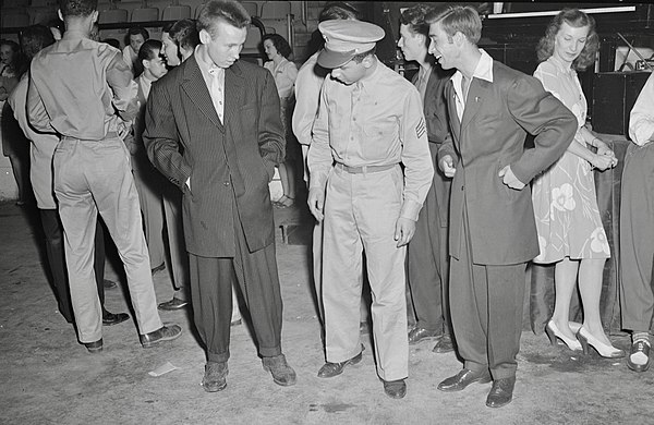 Two teenagers in 1943 wearing Zoot suits like associated with the Sleepy Lagoon case, precursor to the Zoot Suit riots (1943)