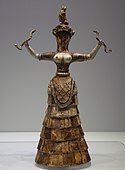 Snake goddess; 1460-1410 BC (from the Minoan Neo-palatial Period); faience; height: 29.5 cm; from the Temple Repository at Knossos; Heraklion Archaeological Museum※