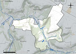 Carte en couleur présentant le réseau hydrographique de la commune