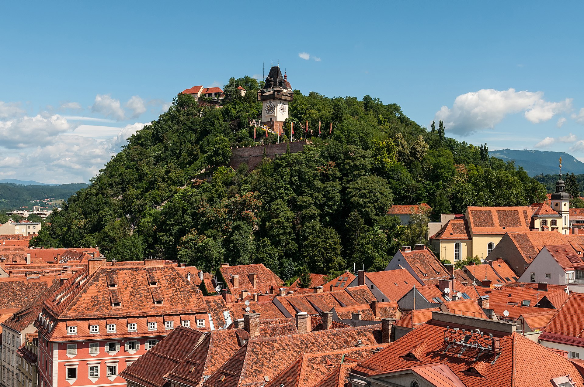 The Schlossberg (Castle Hill) with the clock tower (Uhrturm), as seen from town hall