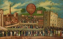 Painting from a Japanned tin tray souvenir of Sadler's balloon flight 1976F555 Balloon Ascent by Mr Sadler.jpg