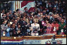 President Bill Clinton, Hillary Clinton, Vice President Al Gore, Senator Paul Simon and others on stage celebrating the renomination of Bill Clinton as the Democratic Party candidate for president 1996 Democratic National Convention.jpg