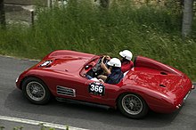 Chassis #1664 (1956 type on the shorter wheelbase, with a five-speed 'box and body by Fantuzzi) at the 2008 Mille Miglia Storica. 2008-05-16 Mille Miglia Maserati 150S 1664.jpeg