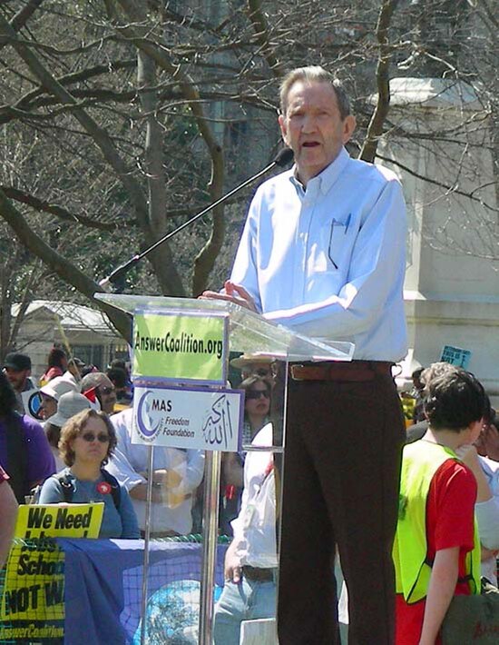 Ramsey Clark speaks to the anti-war protest in Washington, D.C., on March 20, 2010.