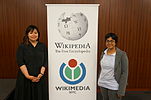 At the WikiConference USA 2014, Jennifer Baek (left) and Sumana Harihareswara (right). A cropped version of this photo is used w:en:user:Sumanah, which is Sumana Harihareswara's wiki editor page.