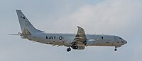 A Boeing P-8 Poseidon, tail number 168761, on final approach at Kadena Air Base in Okinawa, Japan. It is assigned to Patrol Squadron 45 (VP-45) at NAS Jacksonville, Florida, United States.