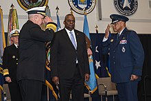 Gen Cotton (right) relieves ADM Charles A. Richard (second from left) as the commander of United States Strategic Command on 9 December 2022. 2022 U.S. Strategic Command Change of Command 221209-D-PM193-1583 (52553931183).jpg