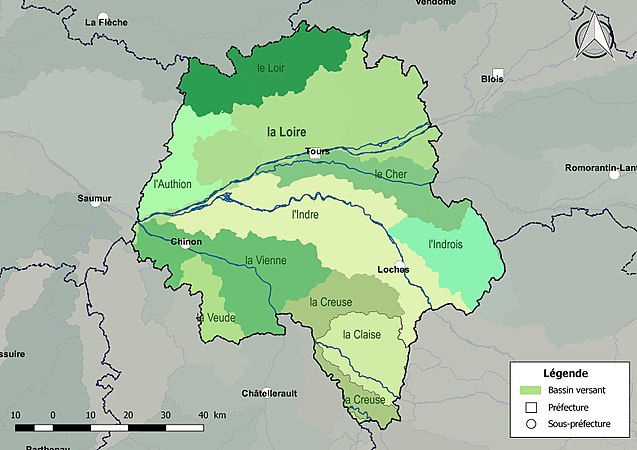 Les dix principaux bassins versants d'Indre-et-Loire.