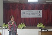 Prof. Joycie Alegre giving her welcome remarks during the 6th Waray Wikipedia Edit-a-thon at the University of the Philippines Visayas Tacloban College (UPVTC) held on November 18-19, 2016. The event was organized by the The Leyte-Samar Heritage Center of UPVTC and the Sinirangan Bisaya Wikimedia Community.