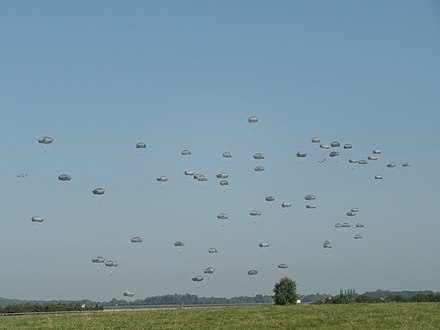 Paratroopers of the 82nd airborne division jump at the 2014 Market Garden memorial, Landgoed Den Heuvel, Groesbeek, Netherlands, 18 September 2014