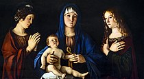 Giovanni Bellini Madona z otrokom s sveto Katarino in sveto Marijo Magdaleno, 58 × 107 cm