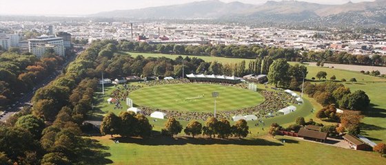 Aerial view of Hagley Oval cricket ground: North is the Botanic Gardens end, East is the historic Umpires' Pavilion side, South is the Port Hills end and West is the Christ's College cricket ground end.