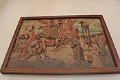 Bas-relief in painted wood depicting the first arrival of Our Lady of Peace and Good Voyage to the Philippines