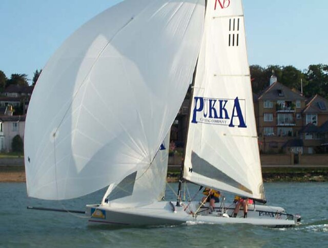 RS K6 keelboat with an asymmetric spinnaker on a retracting bowsprit.