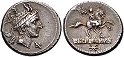 Denarius of Lucius Marcius Philippus, circa 113 BC. The obverse depicts Philip V of Macedon. The reverse displays a triumphator, either Quintus Marcius Tremulus, who triumphed in 306 BC, or Quintus Marcius Philippus, who triumphed in 281. Attractive Portrait of Philip V of Macedon - Denarius of L.Marcius Philippus.jpg