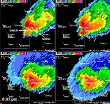 BWER associated with a tornadic supercell in 2006, as seen from different elevation angles. The lower angles (upper left) shows a weaker area of reflectivity but not at higher levels. Aug242006tornadoBWER.jpg