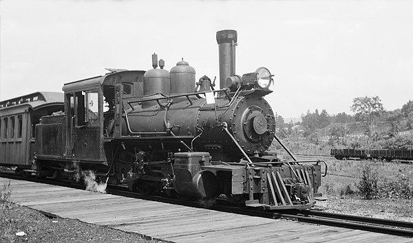 Bridgton locomotive #8 at the station at Bridgton Jct. sometime in the 1930's.