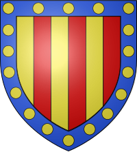 Arms of Basset of Weldon: Paly of six or and gules, within a bordure azure bezantee. Basset of Weldon arms.svg