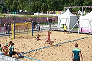 Deutsch: Beachhandball bei den Olympischen Jugendspielen 2018; Tag 3, 9. Oktober 2018; Mädchen, Vorrunde, Gruppe A - Kroatien-Ungarn 0:2 English: Beach handball at the 2018 Summer Youth Olympics at 9 October 2018 – Girls Preliminary Round Group A‎ – Croatia-Hungary 0:2